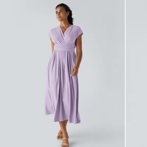 Halara Vneck short sleeved pocket tie back midi casual dress, size XL, lavender